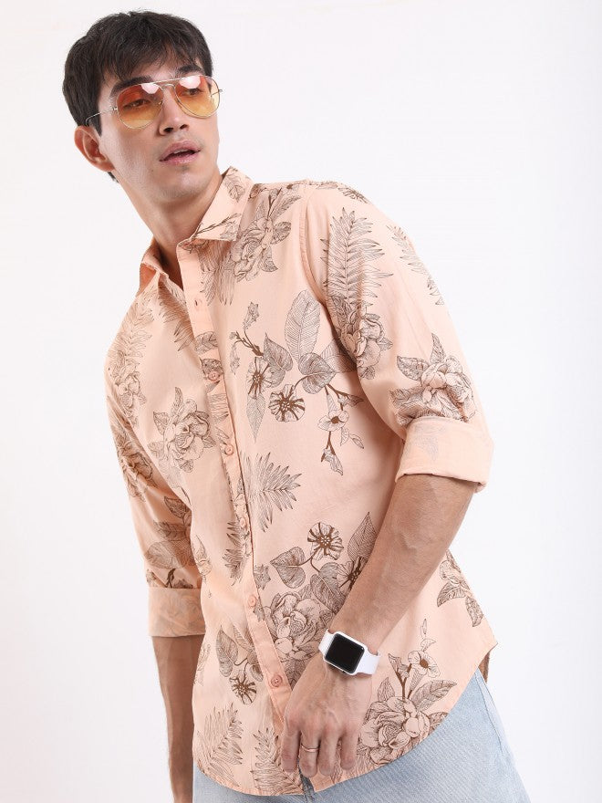 Highlander Men Peach Printed Slim Fit Casual Shirt - Peach - Image 4