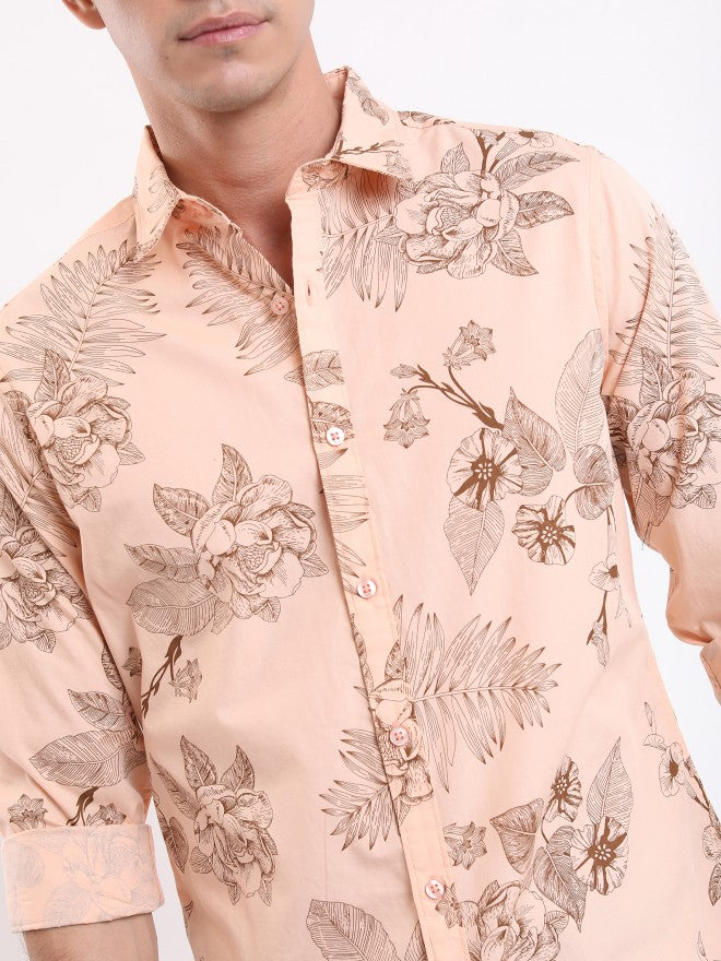 Highlander Men Peach Printed Slim Fit Casual Shirt - Peach - Image 5