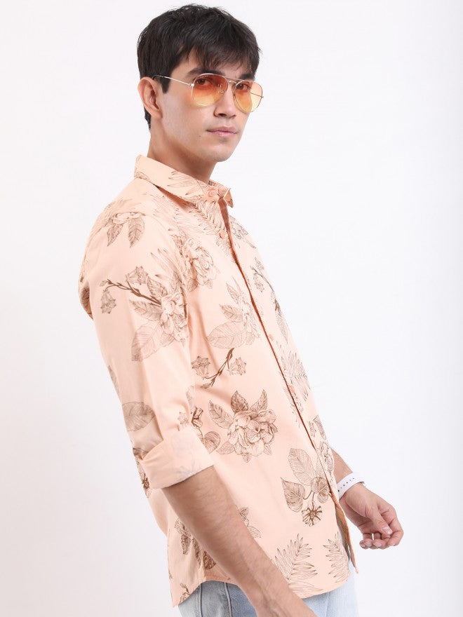 Highlander Men Peach Printed Slim Fit Casual Shirt - Peach - Image 6