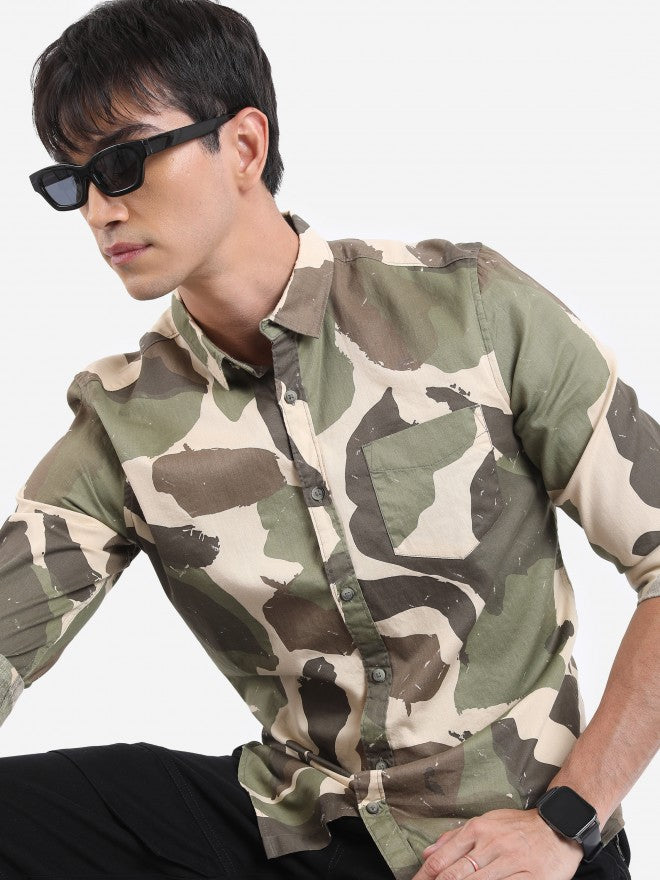 Highlander Men Khaki Printed Slim Fit Casual Shirt - Sand - Image 1