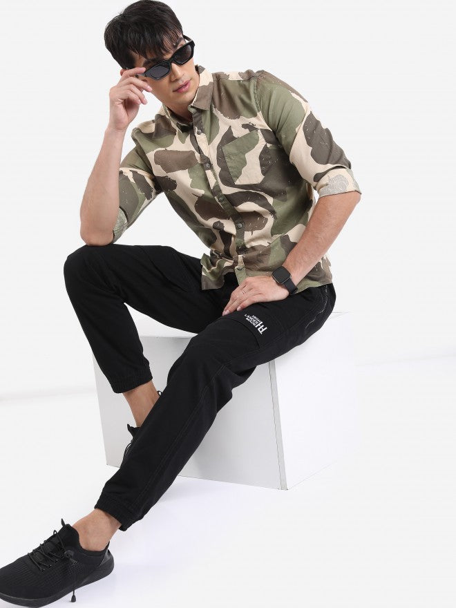 Highlander Men Khaki Printed Slim Fit Casual Shirt - Sand - Image 2