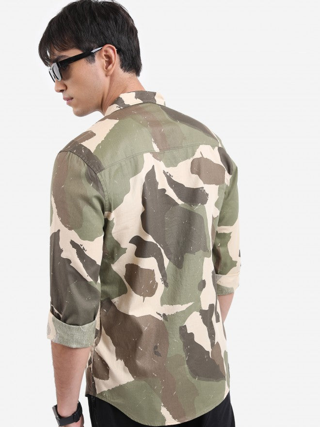 Highlander Men Khaki Printed Slim Fit Casual Shirt - Sand - Image 3