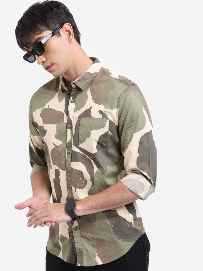 Highlander Men Khaki Printed Slim Fit Casual Shirt - Sand - Image 4