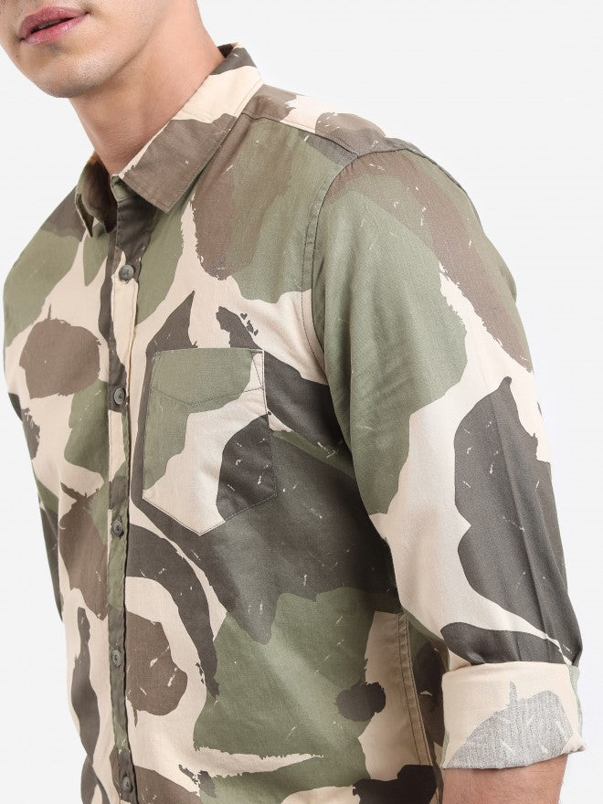 Highlander Men Khaki Printed Slim Fit Casual Shirt - Sand - Image 5