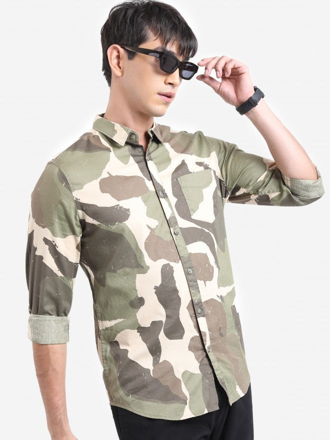 Highlander Men Khaki Printed Slim Fit Casual Shirt - Sand - Image 6