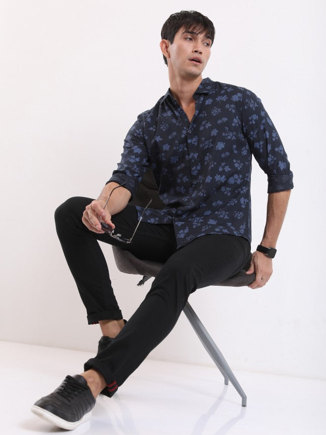 Highlander Men Navy Printed Slim Fit Casual Shirt - Navy Blue - Image 2