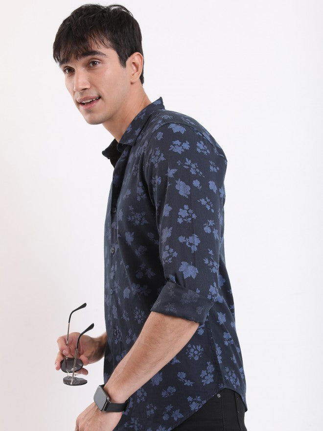 Highlander Men Navy Printed Slim Fit Casual Shirt - Navy Blue - Image 4