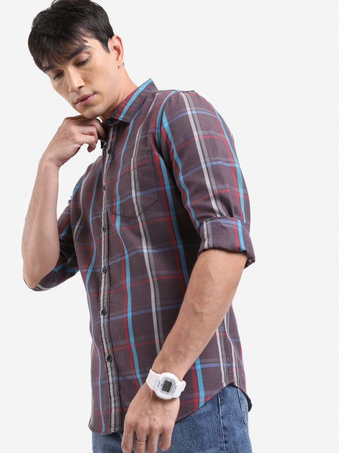 Highlander Men Light Brown Checked Slim Fit Casual Shirt - Brown - Image 6