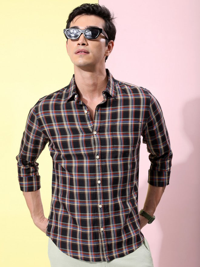 Highlander Men Black Checked Slim Fit Casual Shirt - Black - Image 1