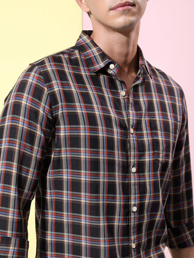 Highlander Men Black Checked Slim Fit Casual Shirt - Black - Image 5
