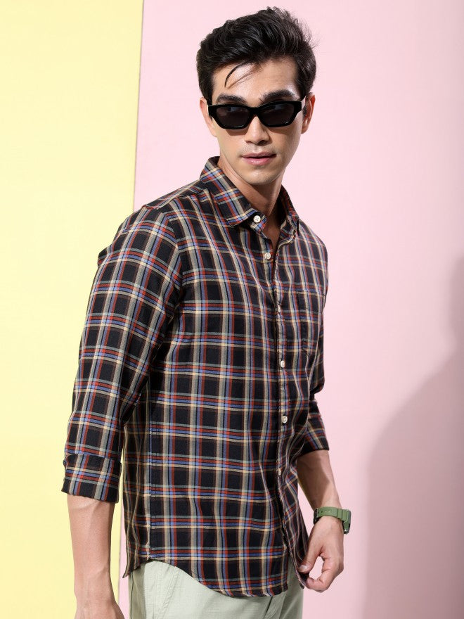 Highlander Men Black Checked Slim Fit Casual Shirt - Black - Image 6