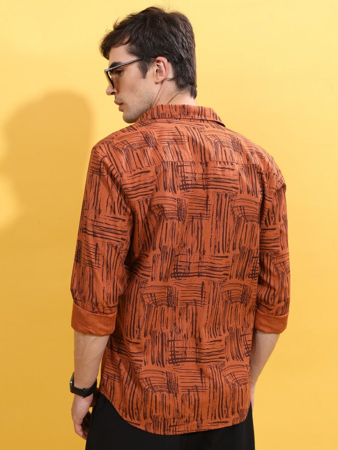 Highlander Men Rust Printed Slim Fit Casual Shirt - Terracotta - Image 3
