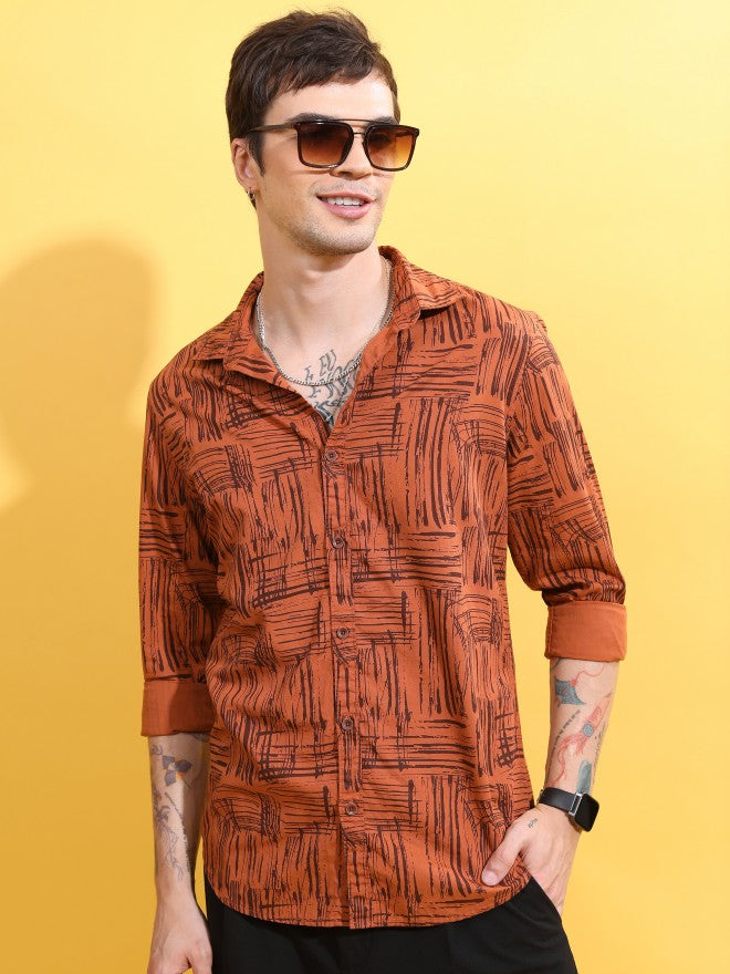 Highlander Men Rust Printed Slim Fit Casual Shirt - Terracotta - Image 4