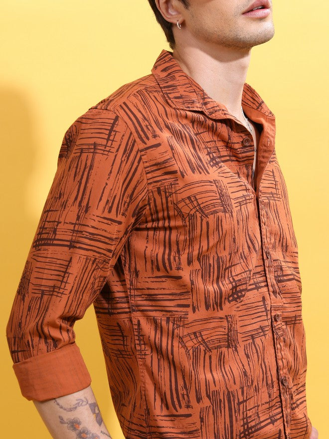 Highlander Men Rust Printed Slim Fit Casual Shirt - Terracotta - Image 5