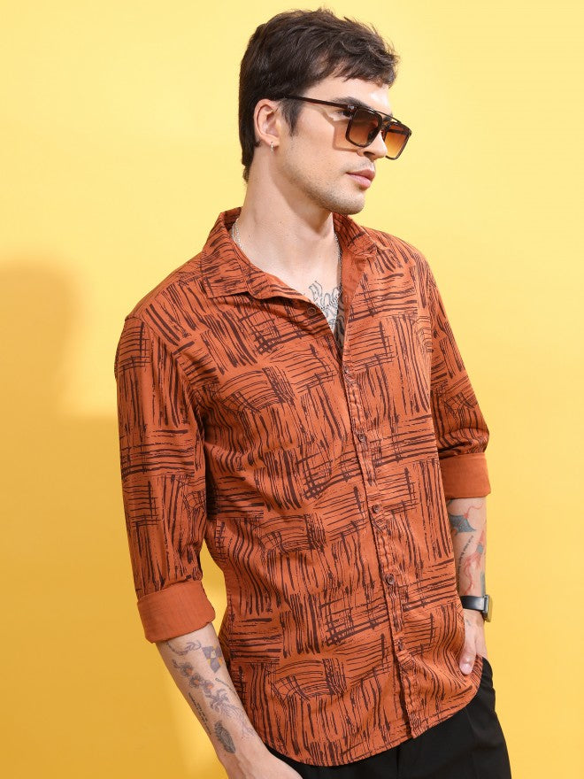 Highlander Men Rust Printed Slim Fit Casual Shirt - Terracotta - Image 6