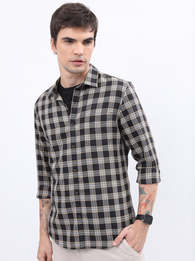 Highlander Men Black Checked Slim Fit Casual Shirt - Black - Image 1