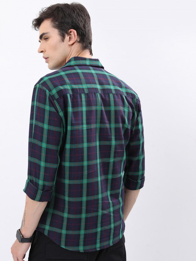 Highlander Men Navy Checked Slim Fit Casual Shirt - Navy Blue - Image 3
