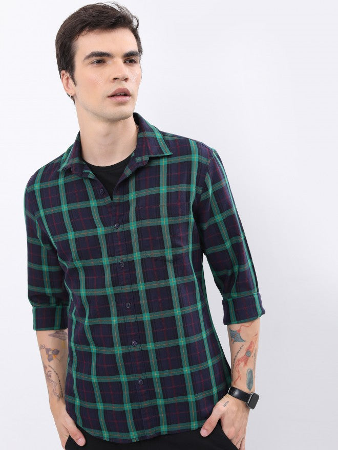 Highlander Men Navy Checked Slim Fit Casual Shirt - Navy Blue - Image 4