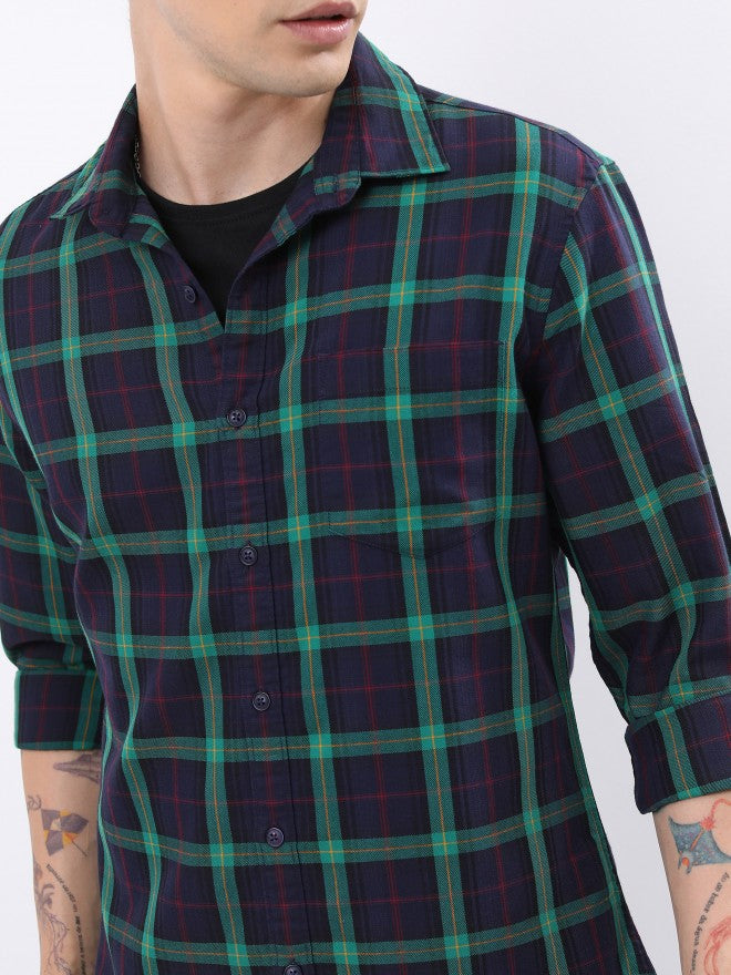 Highlander Men Navy Checked Slim Fit Casual Shirt - Navy Blue - Image 5