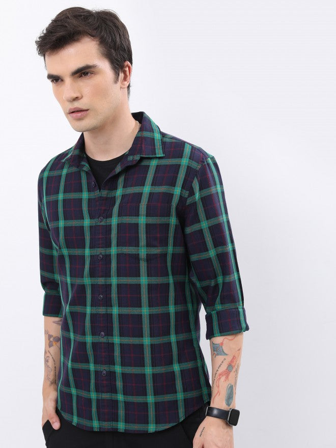 Highlander Men Navy Checked Slim Fit Casual Shirt - Navy Blue - Image 6