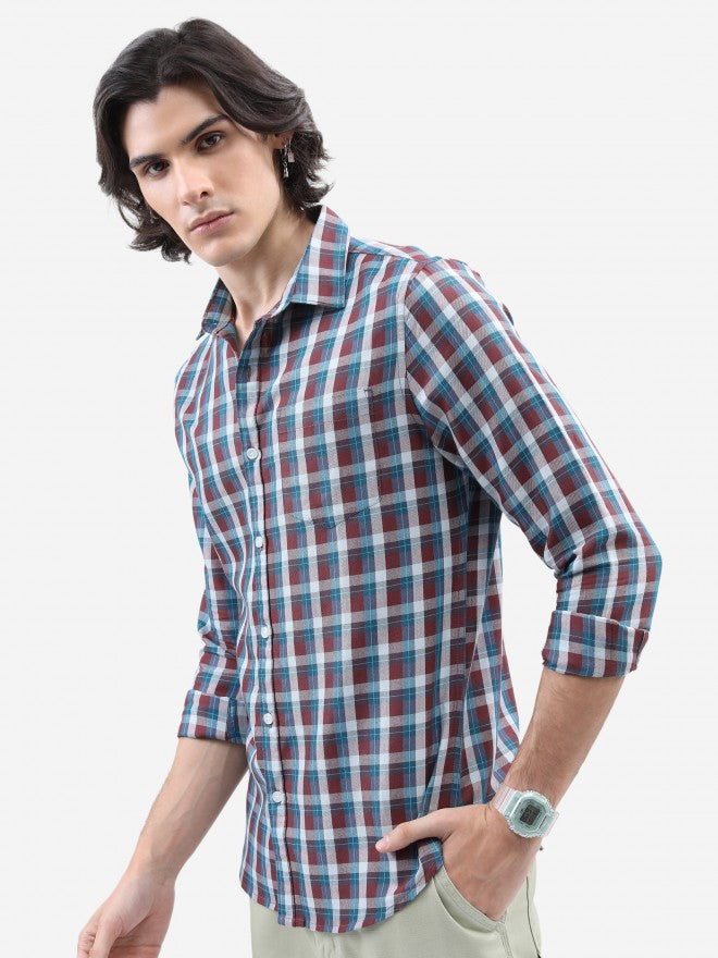 Highlander Men Maroon Checked Slim Fit Casual Shirt - Maroon - Image 4