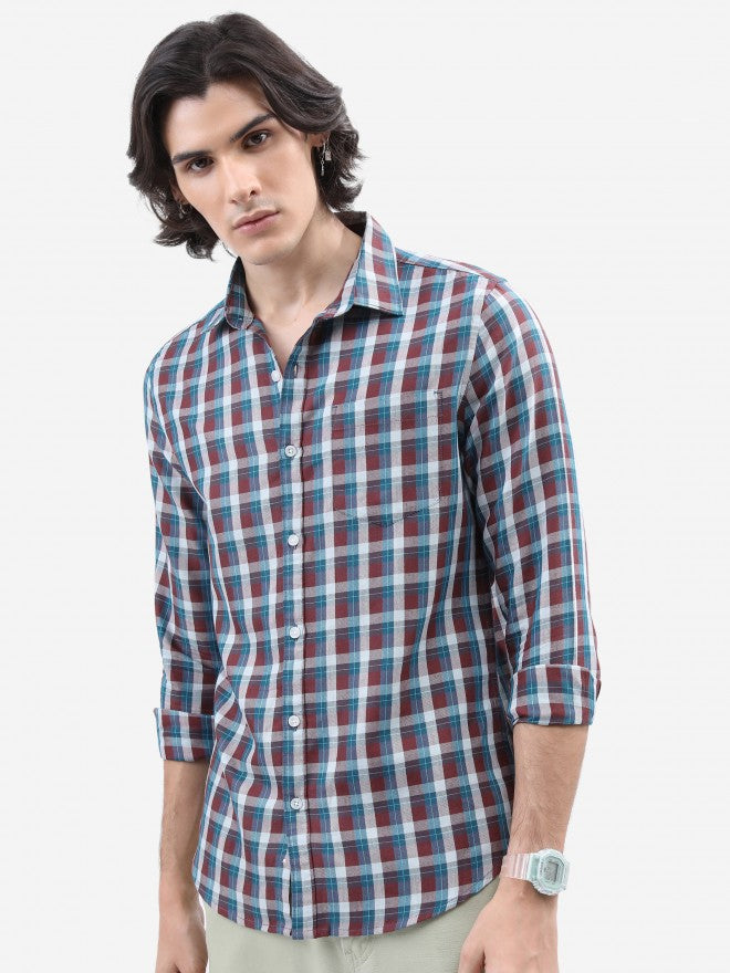 Highlander Men Maroon Checked Slim Fit Casual Shirt - Maroon - Image 6