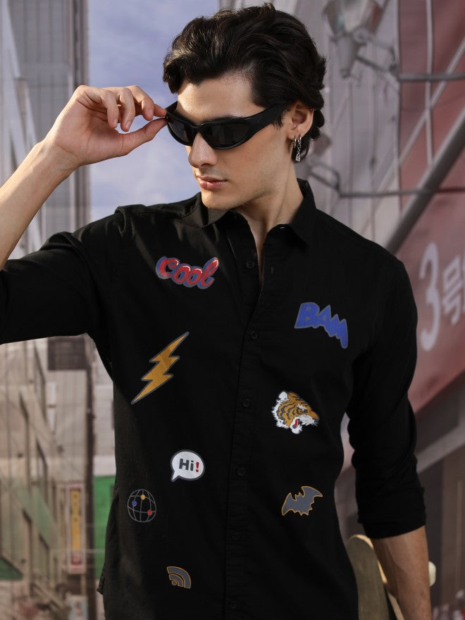 Highlander Men Black Printed Slim Fit Casual Shirt - Black - Image 1