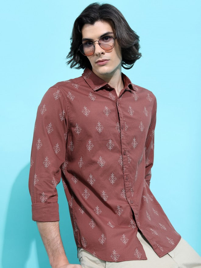 Highlander Men Brown Printed Slim Fit Casual Shirt - Brown - Image 1