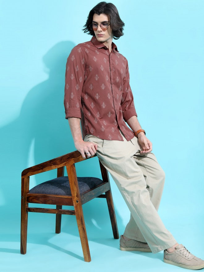 Highlander Men Brown Printed Slim Fit Casual Shirt - Brown - Image 2