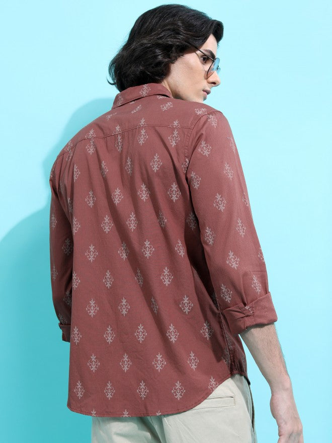 Highlander Men Brown Printed Slim Fit Casual Shirt - Brown - Image 3