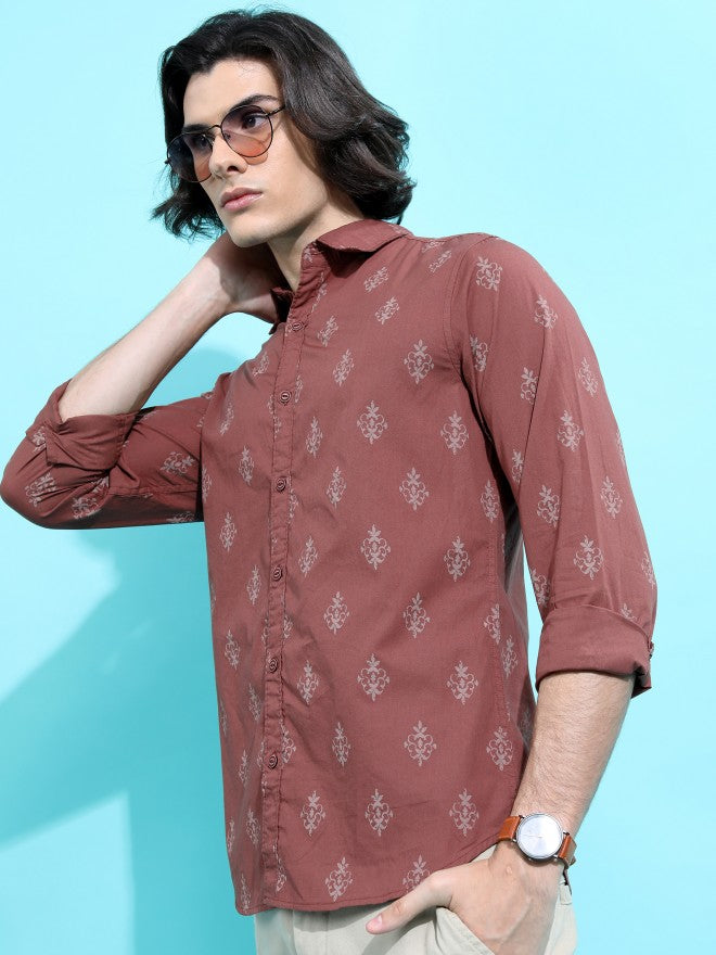 Highlander Men Brown Printed Slim Fit Casual Shirt - Brown - Image 4