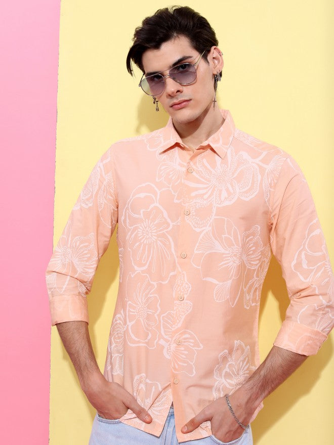 Highlander Men Peach Printed Slim Fit Casual Shirt - Peach - Image 1