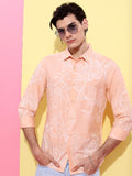 Highlander Men Peach Printed Slim Fit Casual Shirt - Peach - Image 1