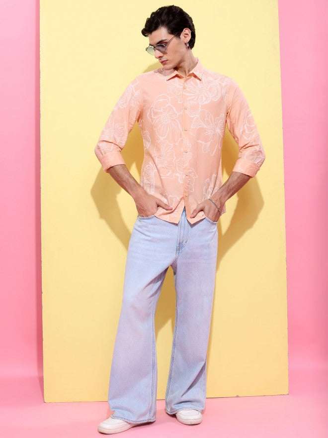 Highlander Men Peach Printed Slim Fit Casual Shirt - Peach - Image 2