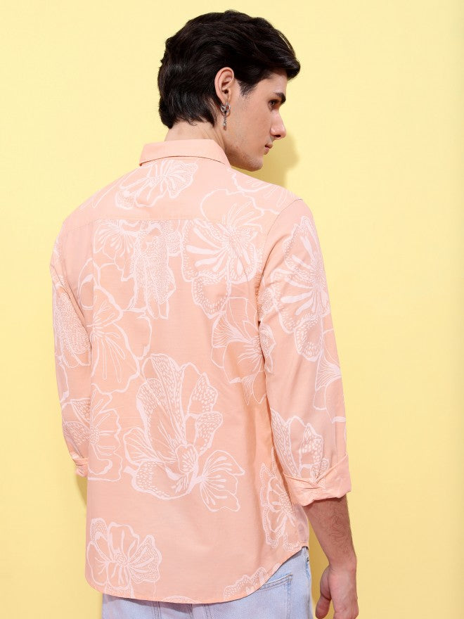 Highlander Men Peach Printed Slim Fit Casual Shirt - Peach - Image 3