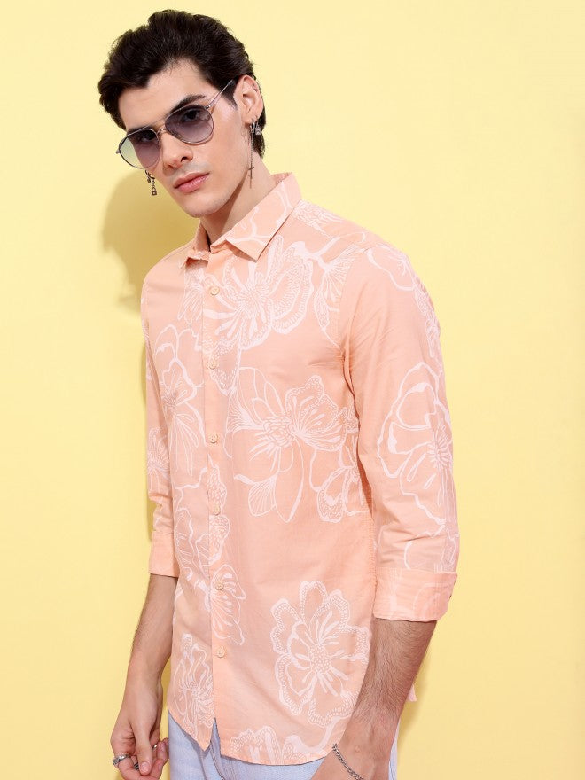 Highlander Men Peach Printed Slim Fit Casual Shirt - Peach - Image 4