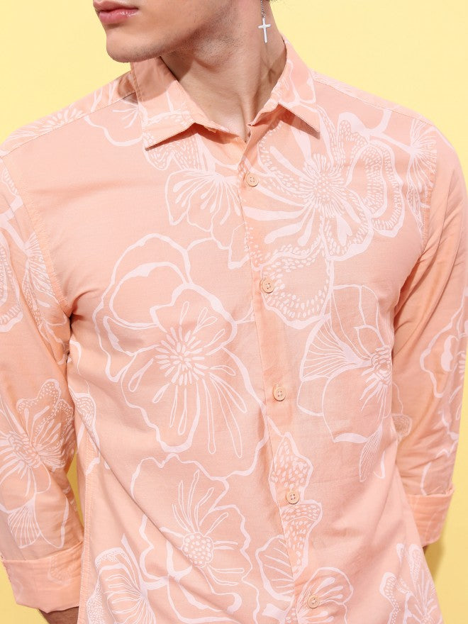 Highlander Men Peach Printed Slim Fit Casual Shirt - Peach - Image 5