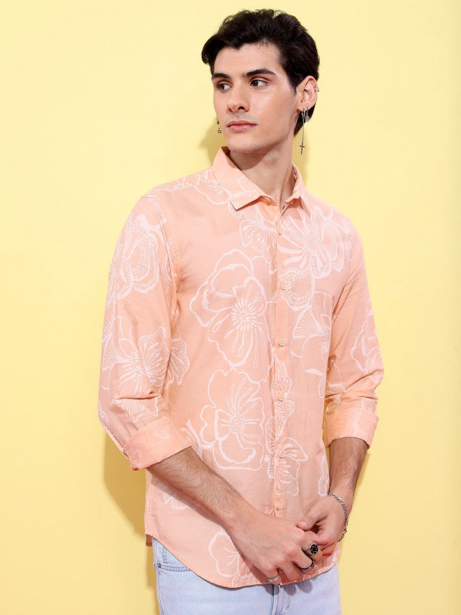 Highlander Men Peach Printed Slim Fit Casual Shirt - Peach - Image 6