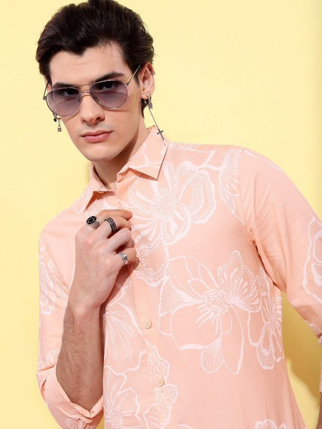 Highlander Men Peach Printed Slim Fit Casual Shirt - Peach - Image 7