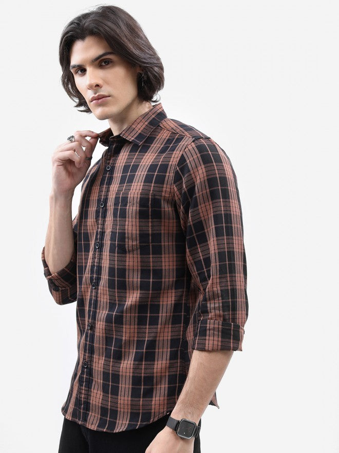 Highlander Men Brown Checked Slim Fit Casual Shirt - Brown - Image 4