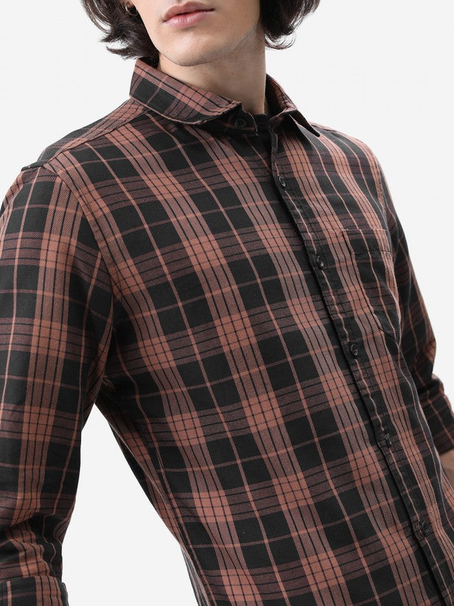 Highlander Men Brown Checked Slim Fit Casual Shirt - Brown - Image 5