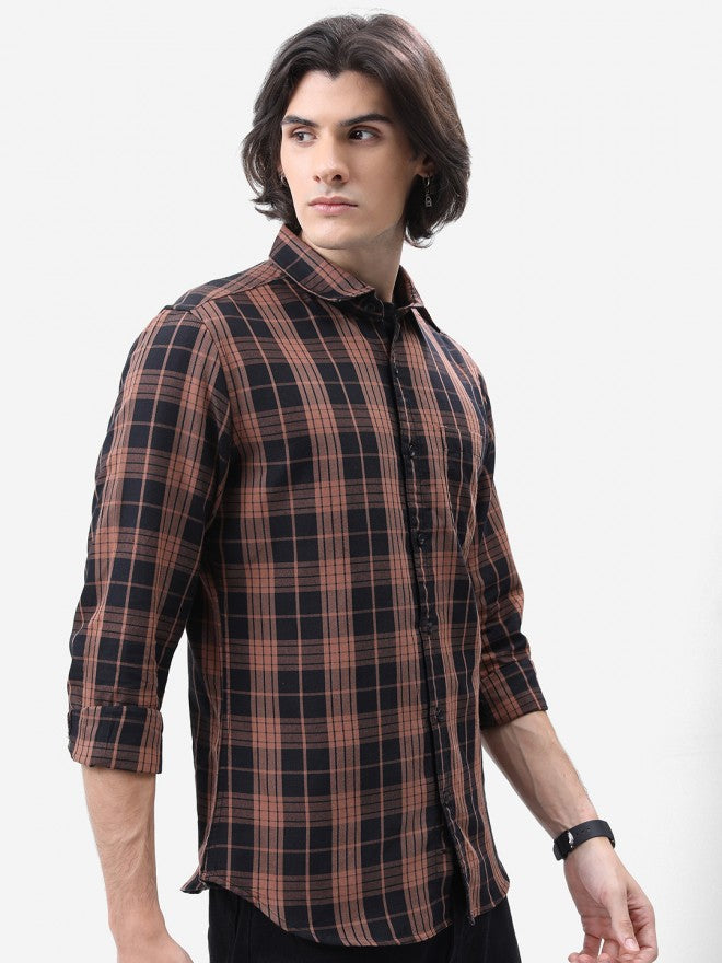 Highlander Men Brown Checked Slim Fit Casual Shirt - Brown - Image 7