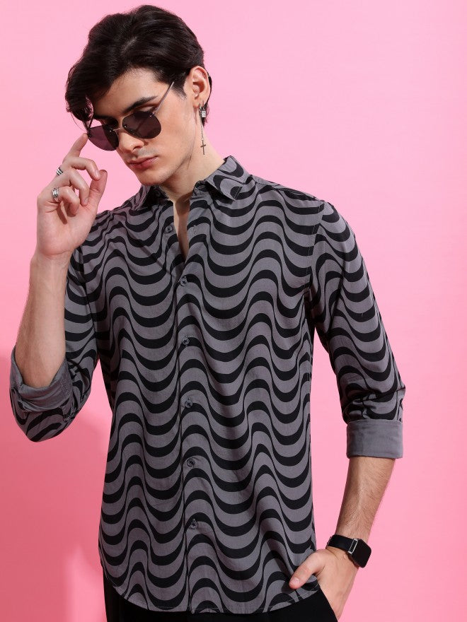 Highlander Men Grey Printed Slim Fit Casual Shirt - Grey - Image 1