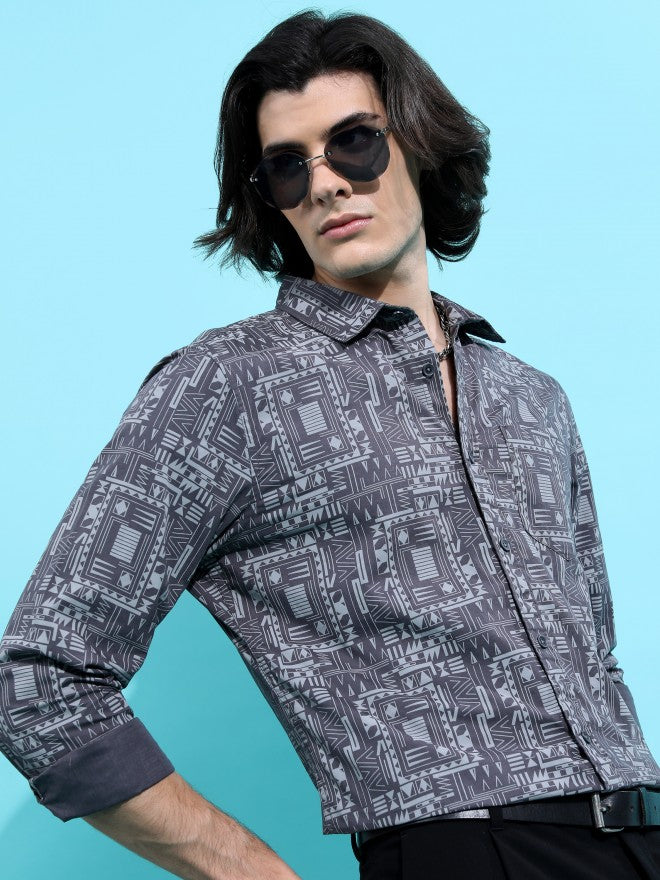 Highlander Men Grey Printed Slim Fit Casual Shirt - Grey - Image 1