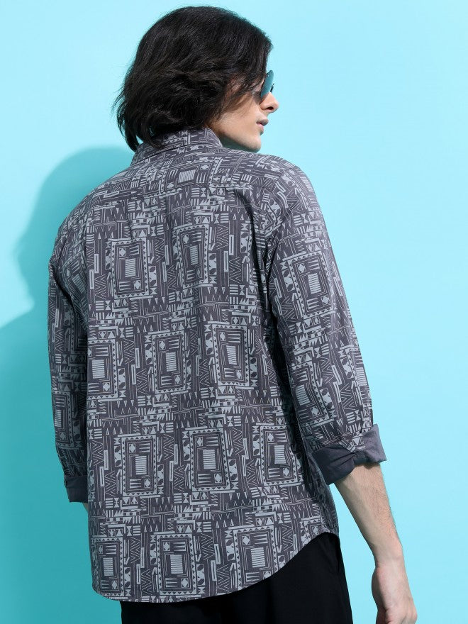 Highlander Men Grey Printed Slim Fit Casual Shirt - Grey - Image 3