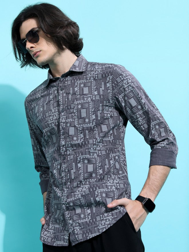 Highlander Men Grey Printed Slim Fit Casual Shirt - Grey - Image 4