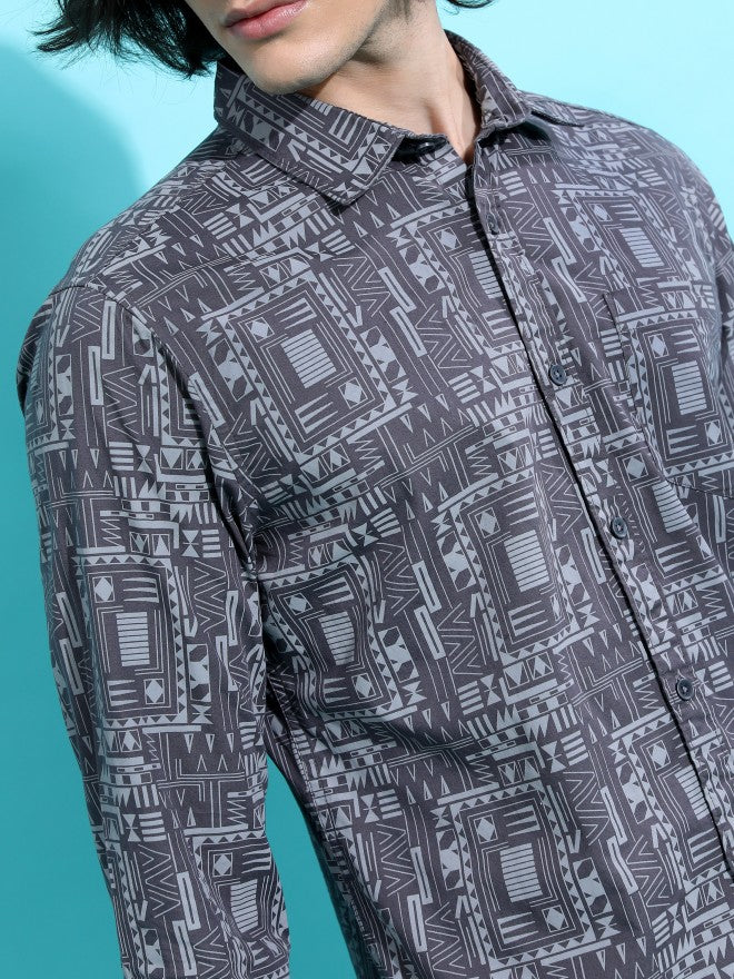 Highlander Men Grey Printed Slim Fit Casual Shirt - Grey - Image 5