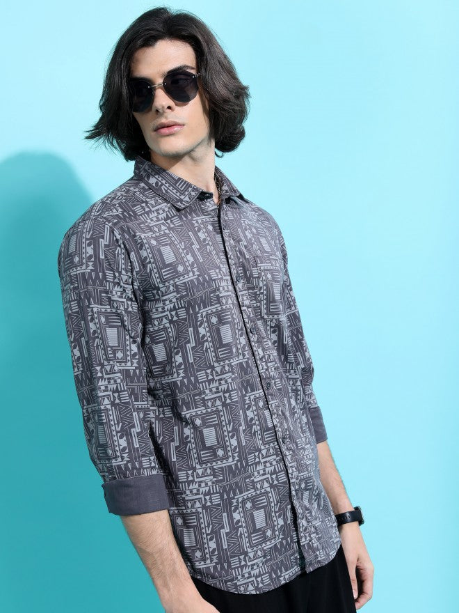 Highlander Men Grey Printed Slim Fit Casual Shirt - Grey - Image 6