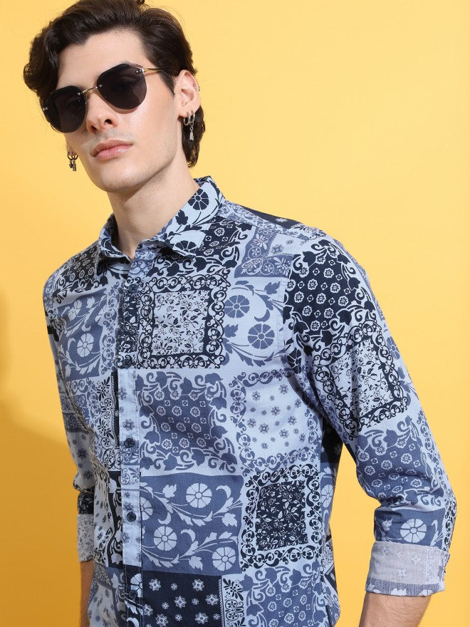Highlander Men Blue Printed Slim Fit Casual Shirt - Blue - Image 1