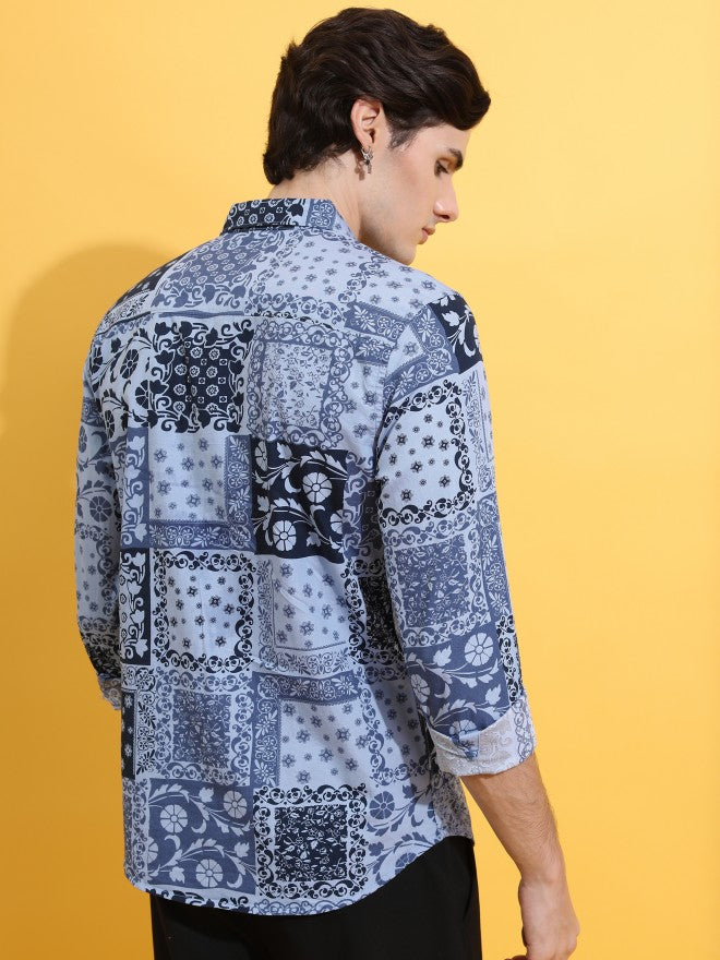 Highlander Men Blue Printed Slim Fit Casual Shirt - Blue - Image 3